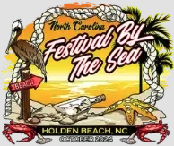 the north carolina festival by the sea logo -- a yello background with a pelcan perched on a red sign that reads "beach"